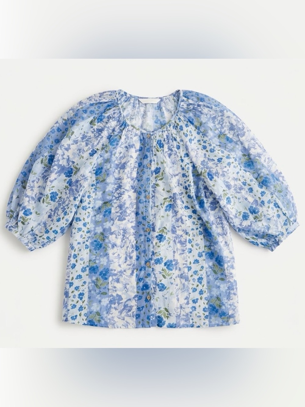 LC Lauren Conrad Blue and White Floral Button-Front Puff Sleeve Blouse